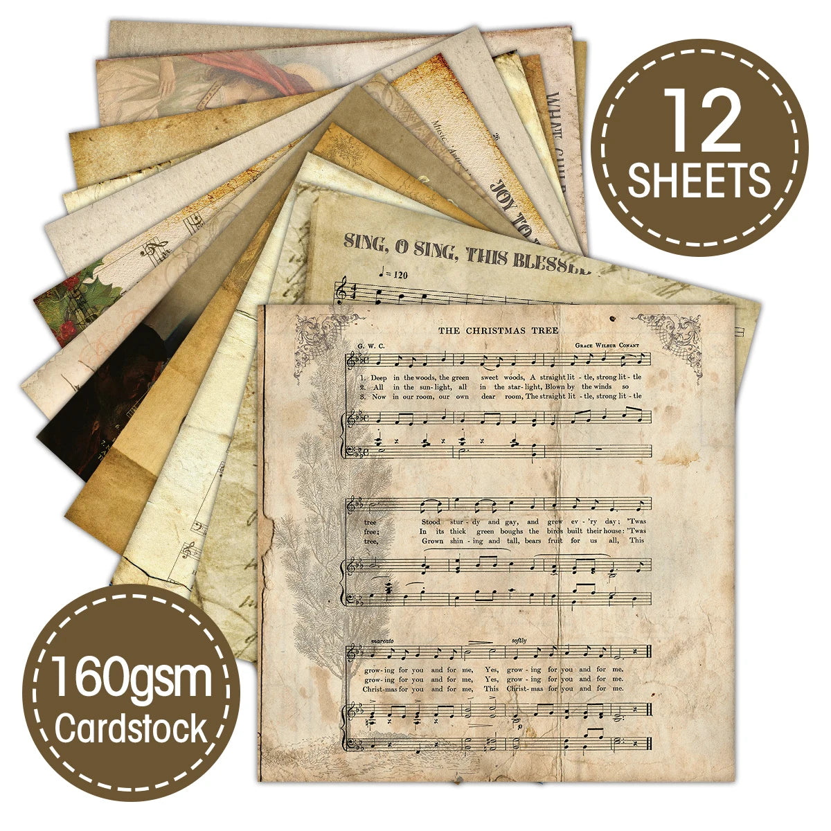 12pc Vintage Christmas Old Music Sheet Scrapbook Paper Set,Retro Christmas Collection Kit Paper for Junk Journal DIY Card Making