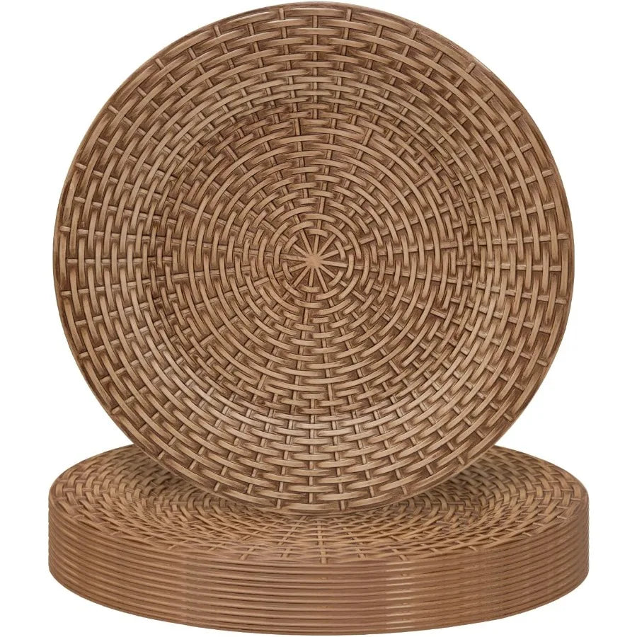 Faux Rattan Charger Plates Set of 12 Table Chargers for Dinner Plates 13" Round Brown Plate Chargers Plastic Charger for Table