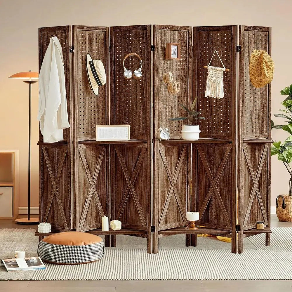 Wooden 6-Panel Pegboard Room Divider with Shelf and 24 Hooks, Ideal for Bedroom or Jewelry Store, Brown