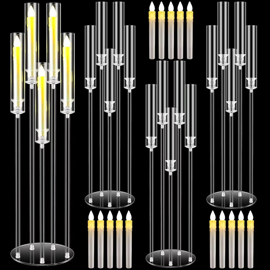 4Sets Acrylic Candelabra Centerpieces for Wedding with LED Candles 33.9 Inches 5 Arm Candlestick Holder with Acrylic Shade for D