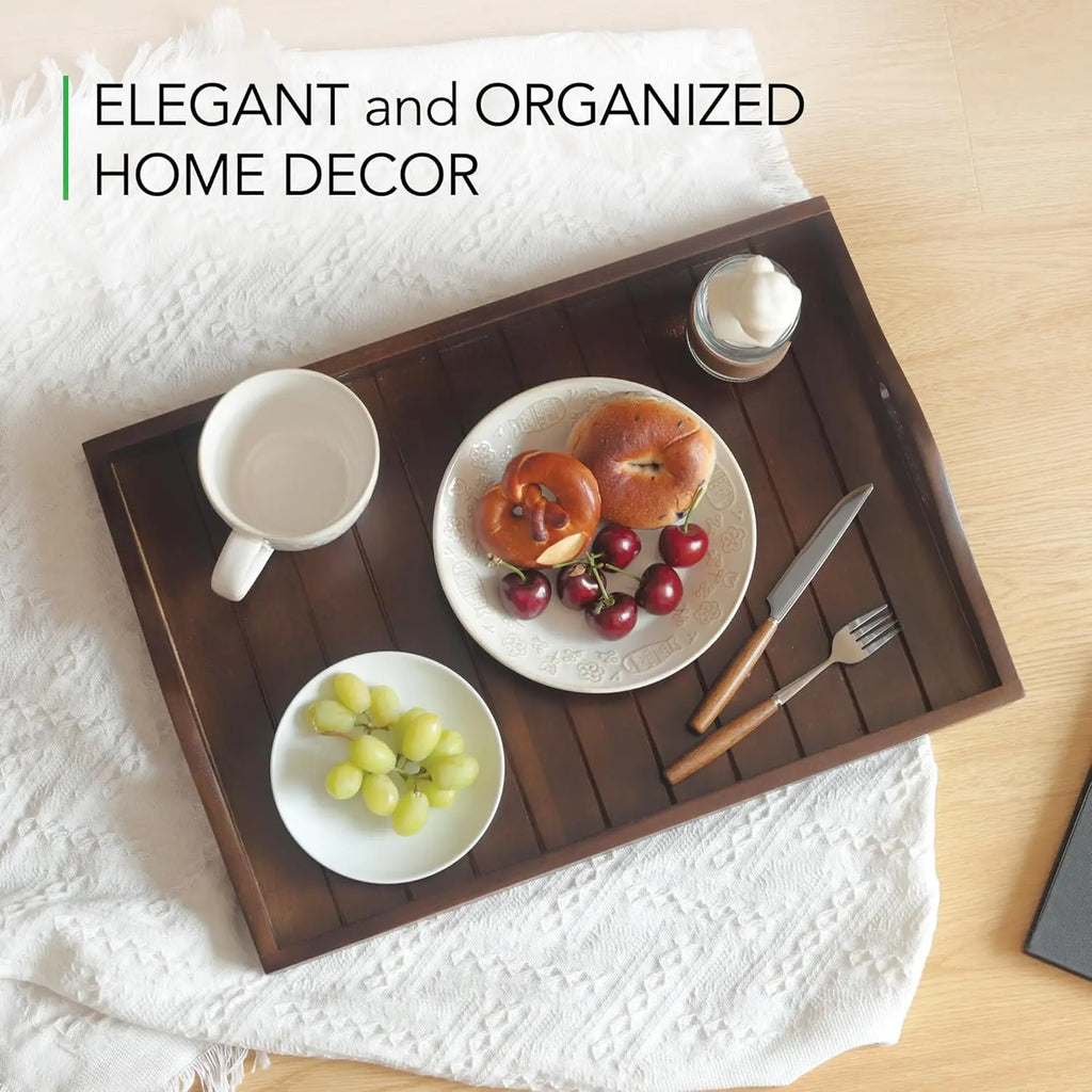 Extra Large Acacia Wood Serving Tray with Handles 20x14 Inch for Living Room Kitchen Coffee Table Ottoman Decor