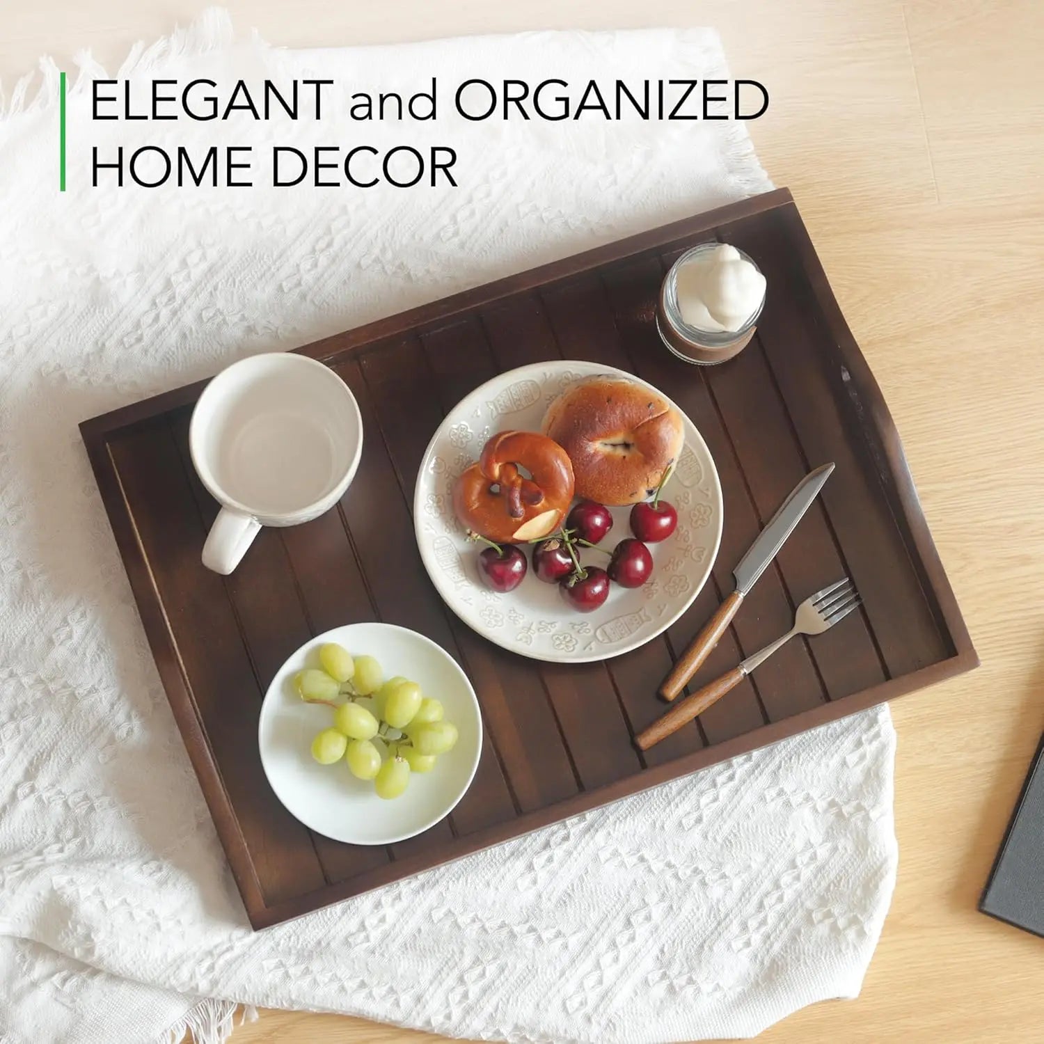 Extra Large Acacia Wood Serving Tray with Handles 20x14 Inch for Living Room Kitchen Coffee Table Ottoman Decor