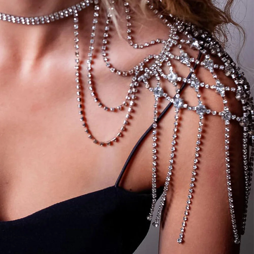 Stonefans Mesh Tassel Shoulder Chain Wedding Jewelry for Women Necklace Dress Multiple Rows Sexy Bikini Cosplay Swimsuit Summer