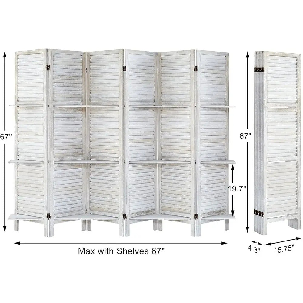 6-Panel Wooden Folding Privacy Screen with Shelves, Portable Room Divider for Home and Office