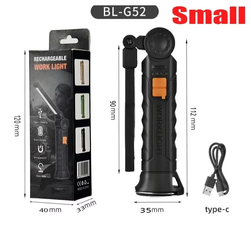 COB LED Folding Flashlight Portable Magnetic Work Light Lantern USB Rechargeable Emergency Repair Camping Torch Lamp with Hook