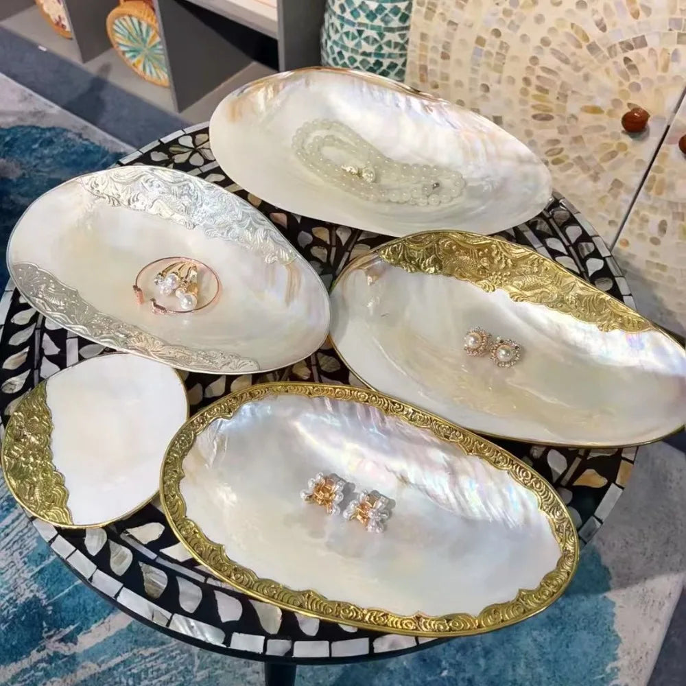 Large Vintage Silver Edge Shell Tray 24cm, Jewelry Display Bowl, Luxury Beach Home Decor, Nautical Photo Prop
