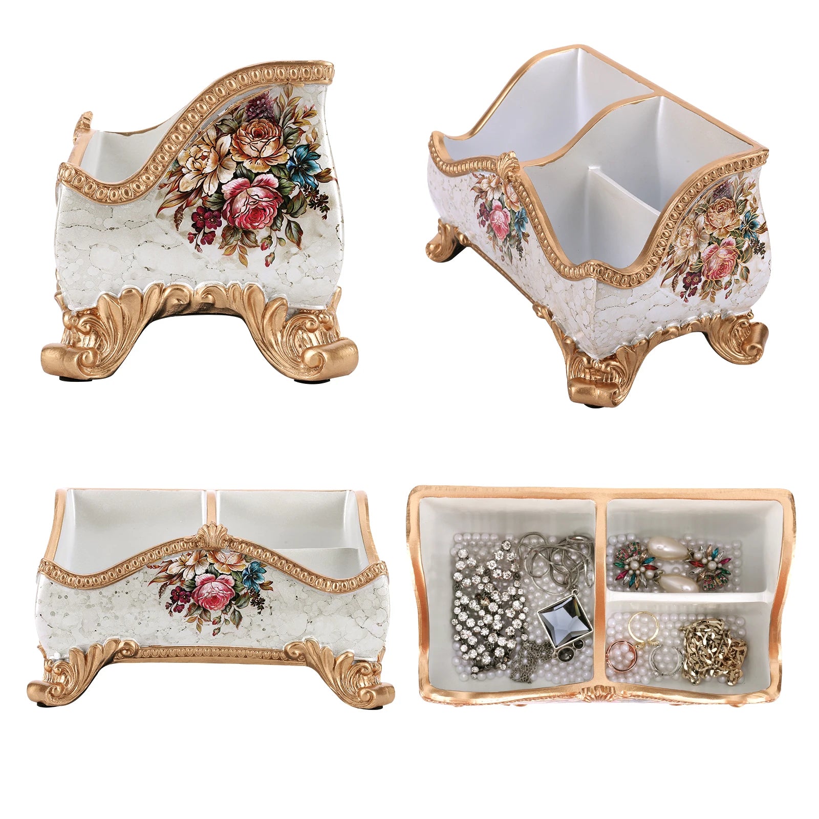 Vintage Floral Resin Tray Remote Control Holder & Desk Organizer Three Compartment Vanity Holder Desk Organizer Home Decor