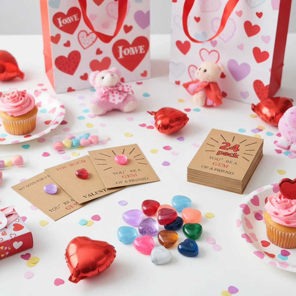 24 Pack Valentine Exchange Card with Heart-Shape Crystal Stone Valentines Cards for Boys Girls School Classroom Party Favors