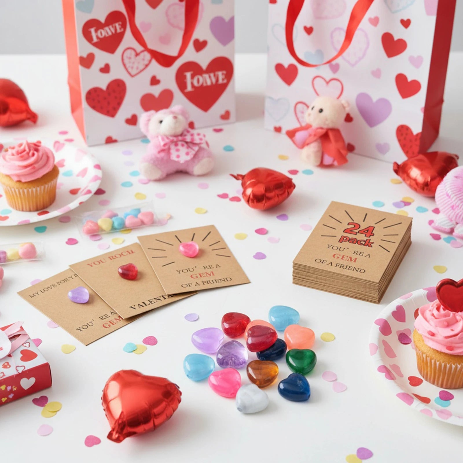 24 Pack Valentine Exchange Card with Heart-Shape Crystal Stone Valentines Cards for Boys Girls School Classroom Party Favors