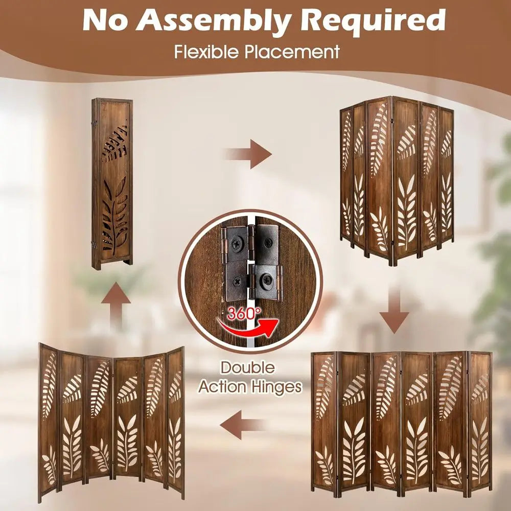 6 Panel Carved Leaf Wooden Folding Screen, 67 Tall, Freestanding Room Divider, Brown, for Privacy and Decor