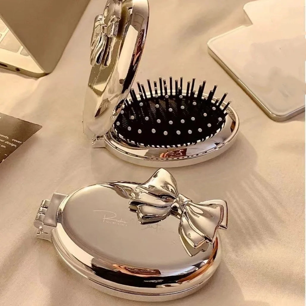 Premium Foldable Mirror & Hairbrush 2-in-1, Cushion Comb with Massage for Women, Portable Compact Design