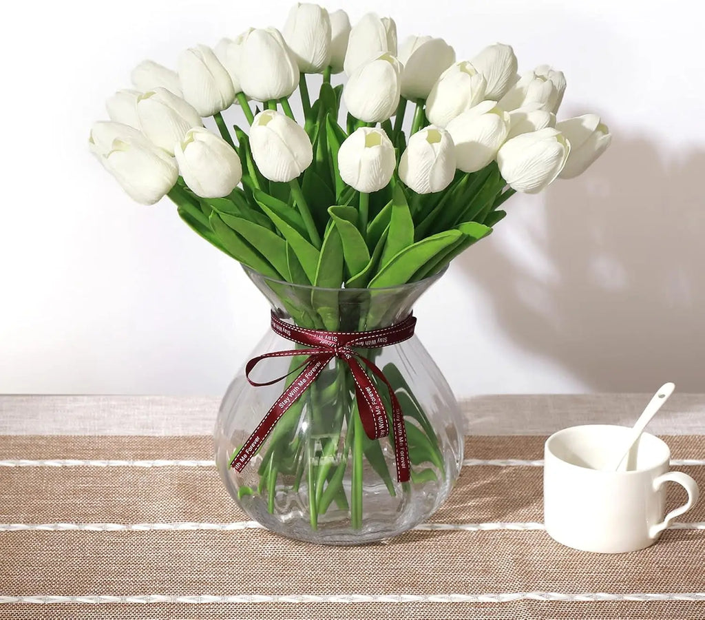 12pcs Elegant White Artificial Tulips - Real Touch Latex Flowers, 13.5" Lifelike Fake Tulips for Vase Centerpieces, Wedding