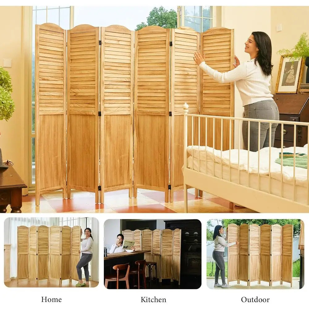 6-Panel Foldable Wooden & MDF Privacy Screens, 5.75 Ft Tall, Natural Finish, for Home Office and Bedroom
