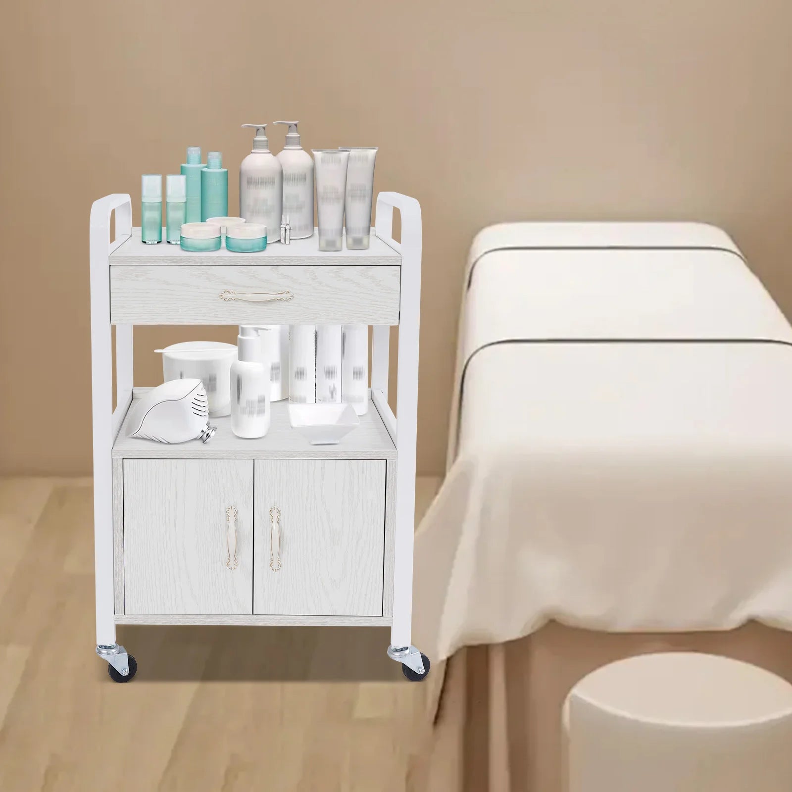 Salon High-density Wood Panels Storage Cart,White Rectangle Free Standing Movable Beauty Organizer 51*33*83cm for Beauty Salons