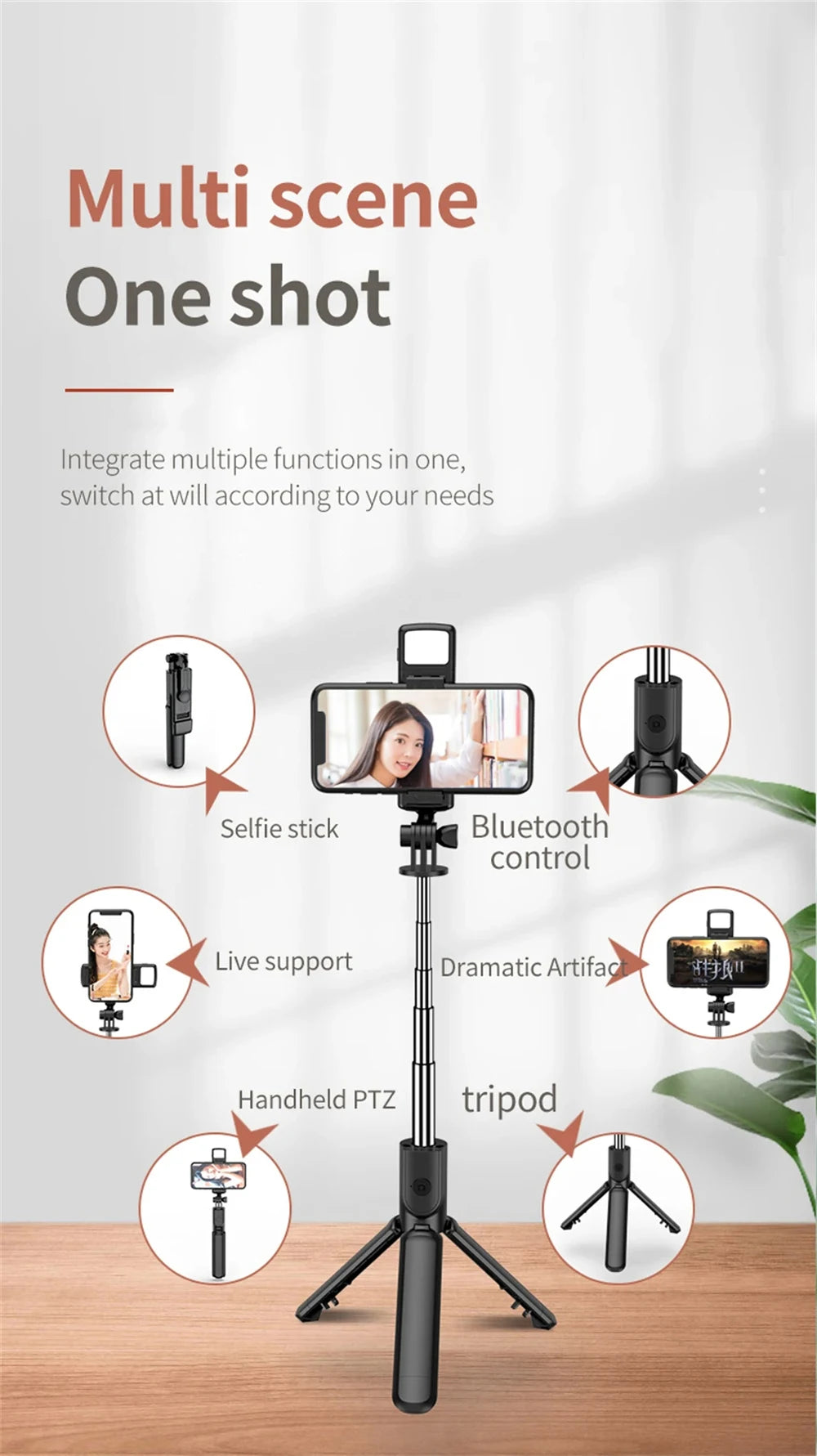 3In1 Bluetooth Wireless Selfie Tripod with Fill Light Shutter Remote Control Portable Foldable Monopod for IPhone Smart Phone