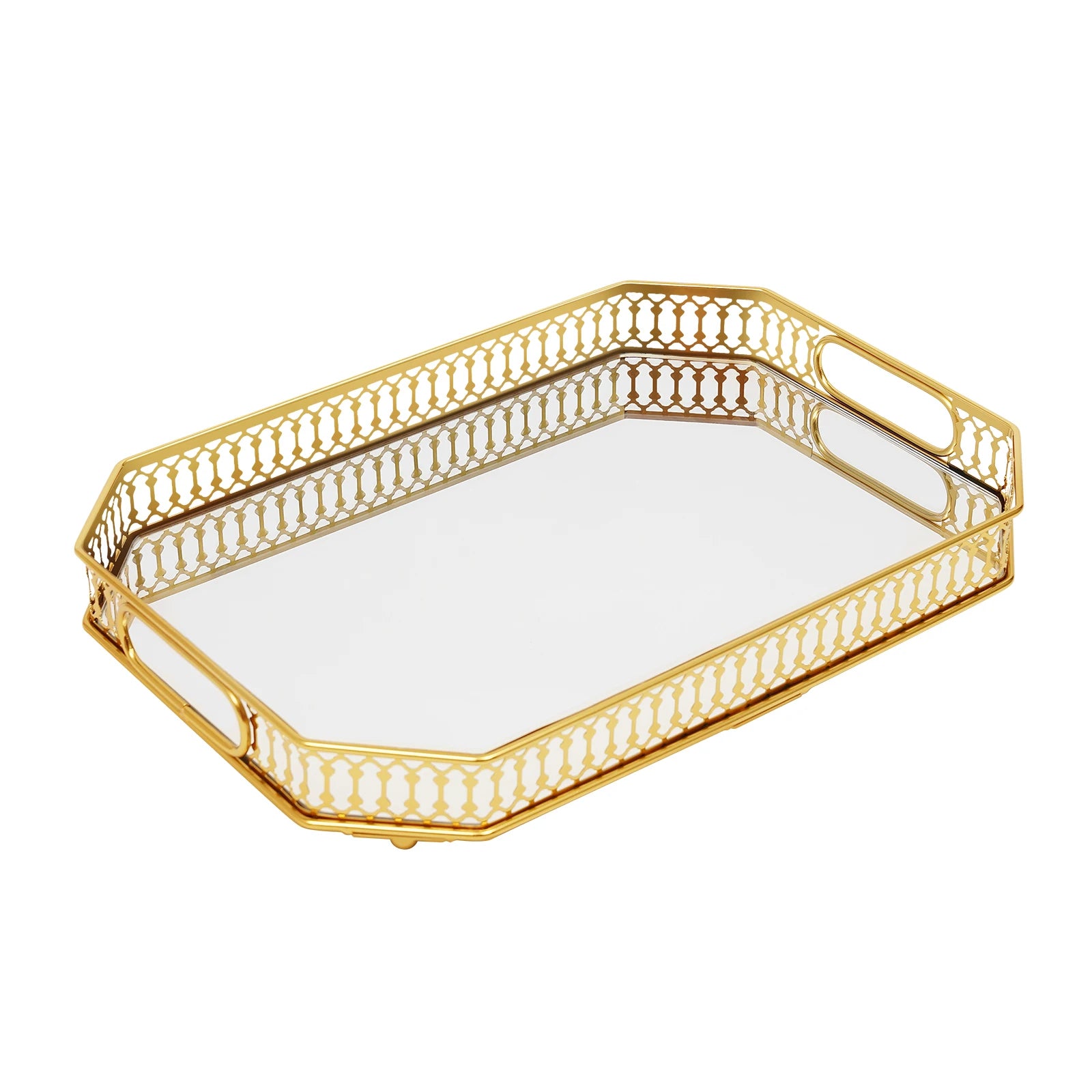 Gold Decorative Serving Tray with Handles Rectangular Vanity Tray Centerpiece Fruit & Drink Server for Dining Table&Coffee Table