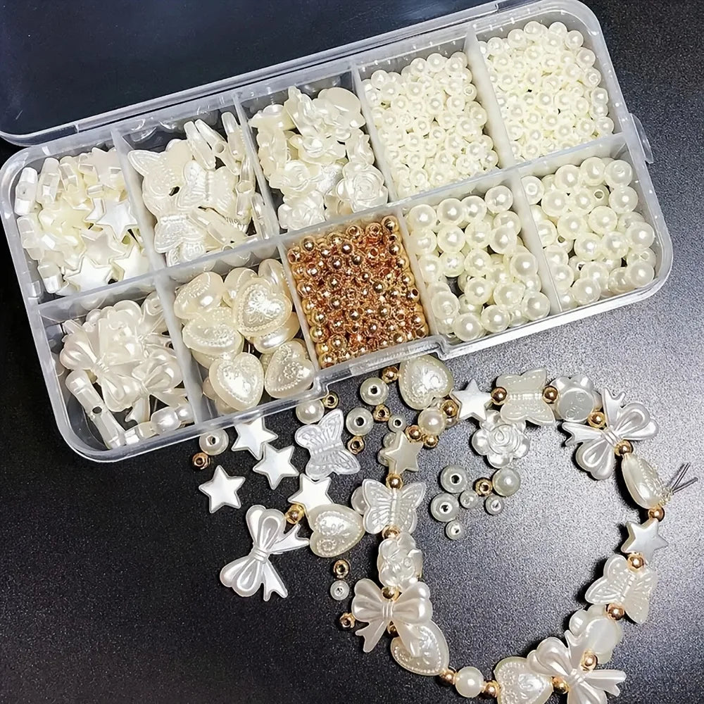 A Box Of 800pcs White Bow Heart Shaped Resin Loose Bead Set, Elegant Craft Supplies For DIY Jewelry Making, Bracelets