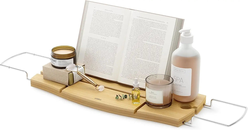 Extendable Bathtub Tray with Book Stand, Wine Glass Holder, and Phone Slot for Relaxing Baths