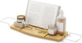 Extendable Bathtub Tray with Book Stand, Wine Glass Holder, and Phone Slot for Relaxing Baths