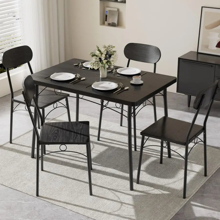 Dining Table Set for 4, 5Piece Kitchen Table with 4 Chairs, MDF Board Tabletop with Metal Frame for Small Space, Compact Dinett