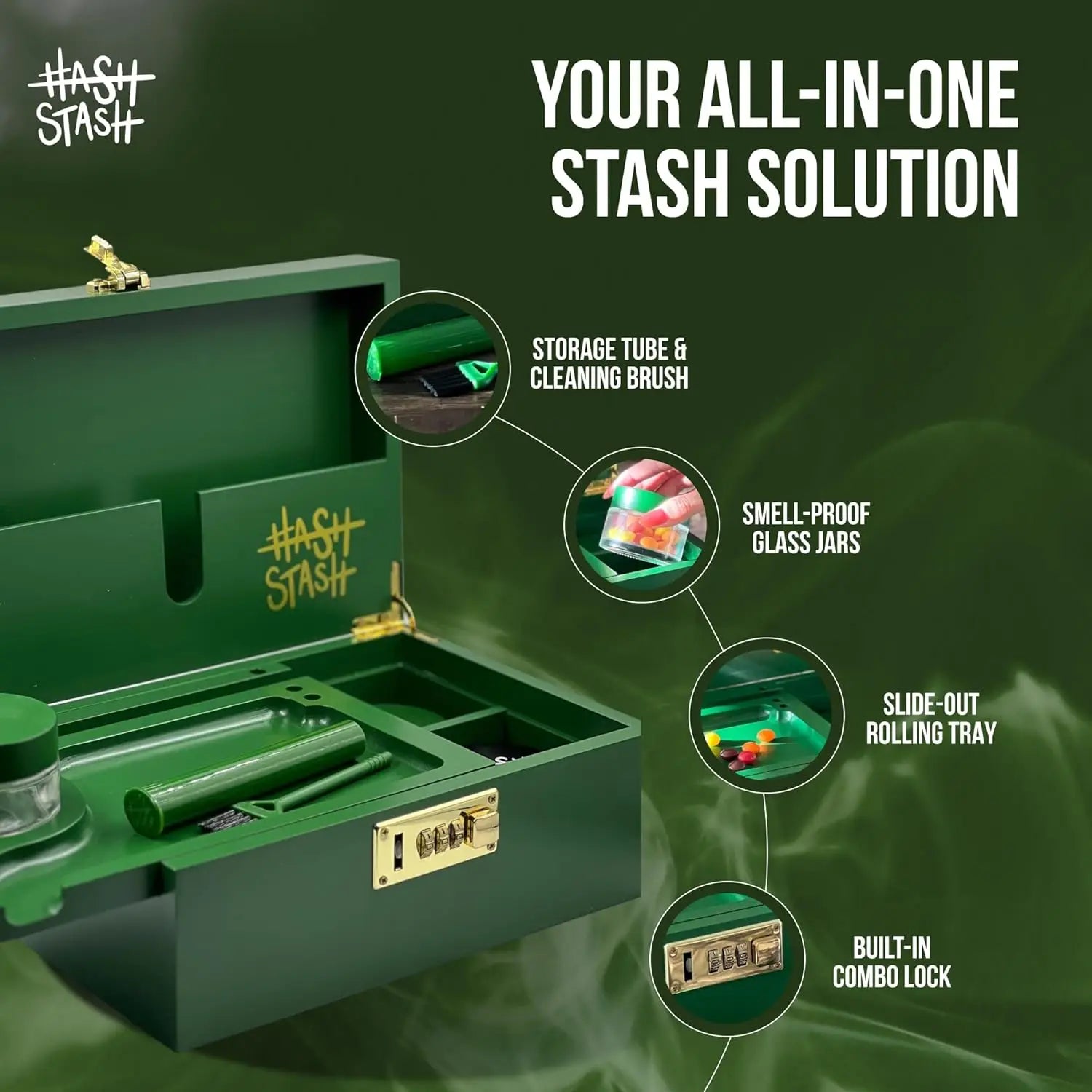 Large Bamboo Storage Box with Lock, Magnetic Lid, Organizer Tray, Jars & Brush - Portable Wooden Decorative Kit in Green/Gold