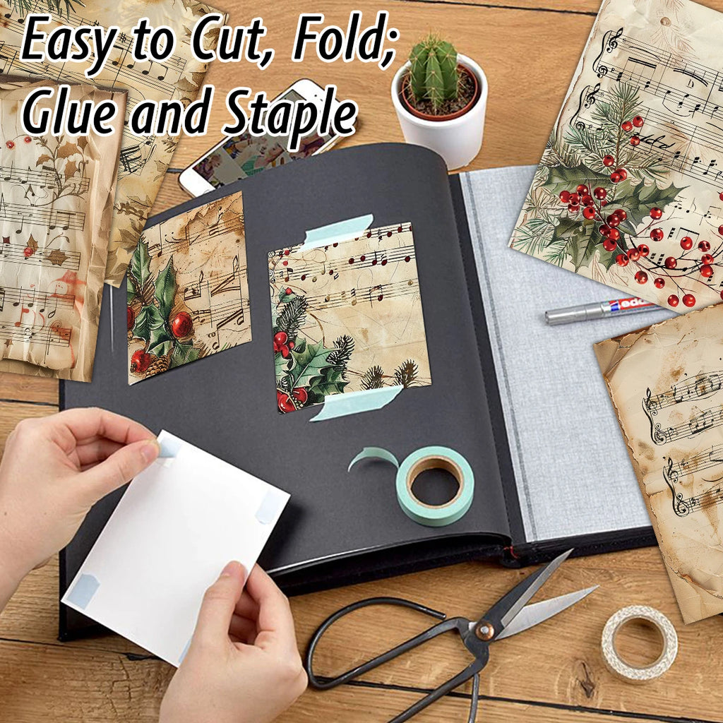 12pc Vintage Christmas Old Music Sheet Scrapbook Paper Set,Retro Christmas Collection Kit Paper for Junk Journal DIY Card Making