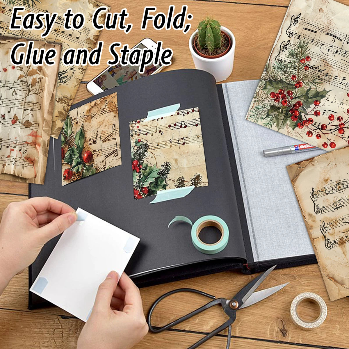 12pc Vintage Christmas Old Music Sheet Scrapbook Paper Set,Retro Christmas Collection Kit Paper for Junk Journal DIY Card Making