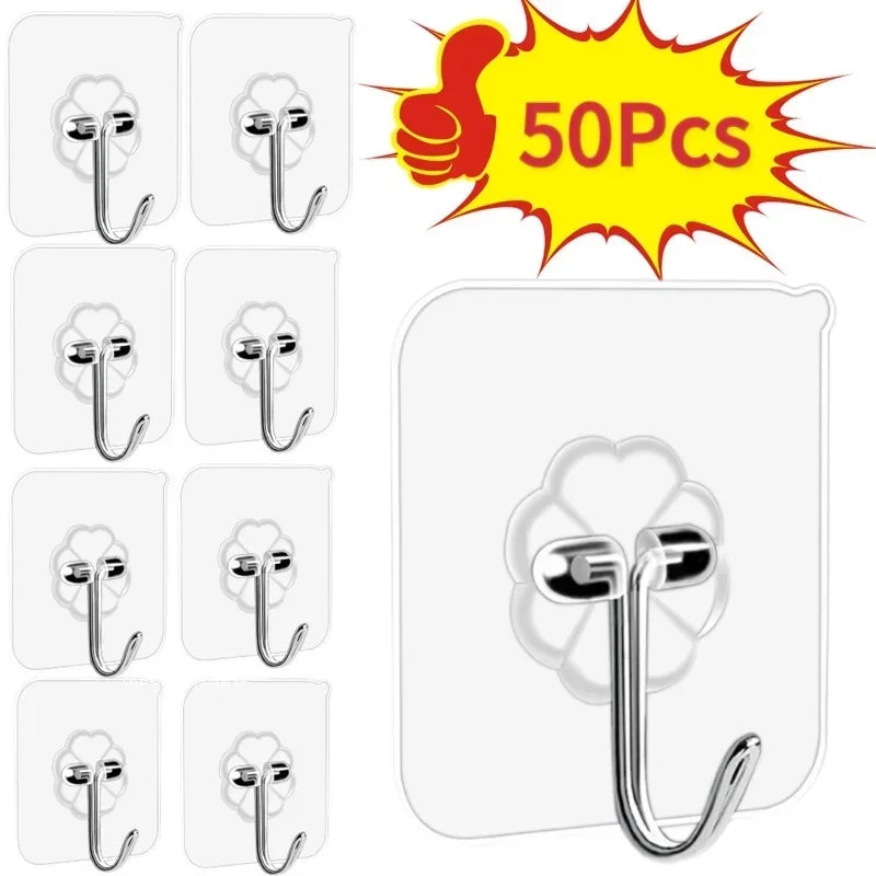 50PCS/100pcs  No Drill Wall Hooks – Heavy Duty 15lb Transparent Adhesive Hooks, Waterproof for Dorm Bathroom & Kitchen