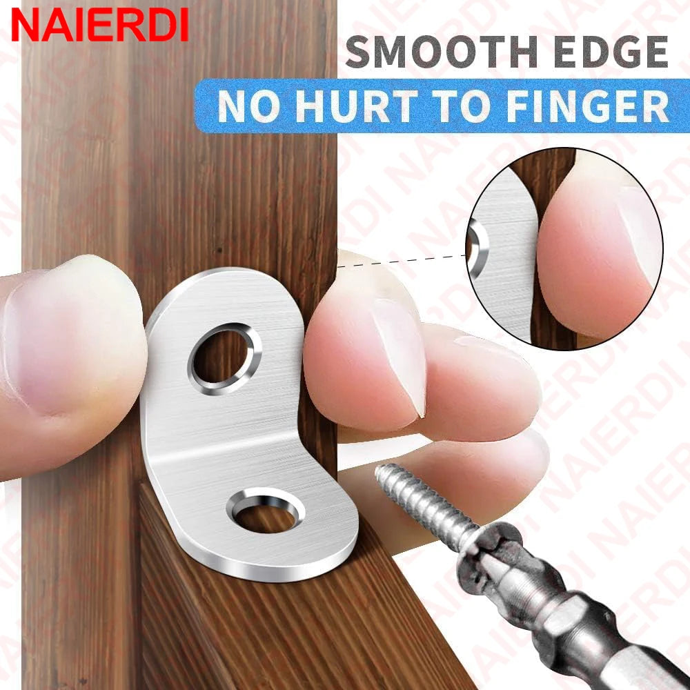 NAIERDI 10 Pack Corner Brace Stainless Steel 90 Degree Angle Corner Brackets L Bracket Firmware for Wooden Shelves,Chairs,Tables