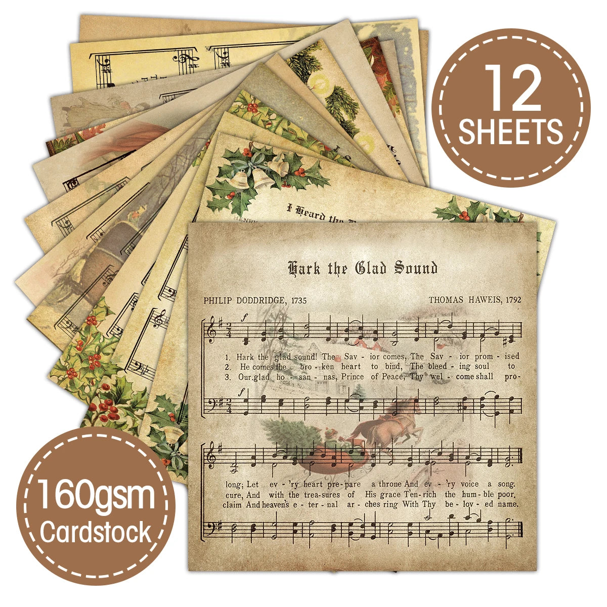 12pcs Vintage Christmas Sheet Music Decorative Papercardstock For Scrapbooking,Card Making&Holiday Crafts,Christmas Party Decor