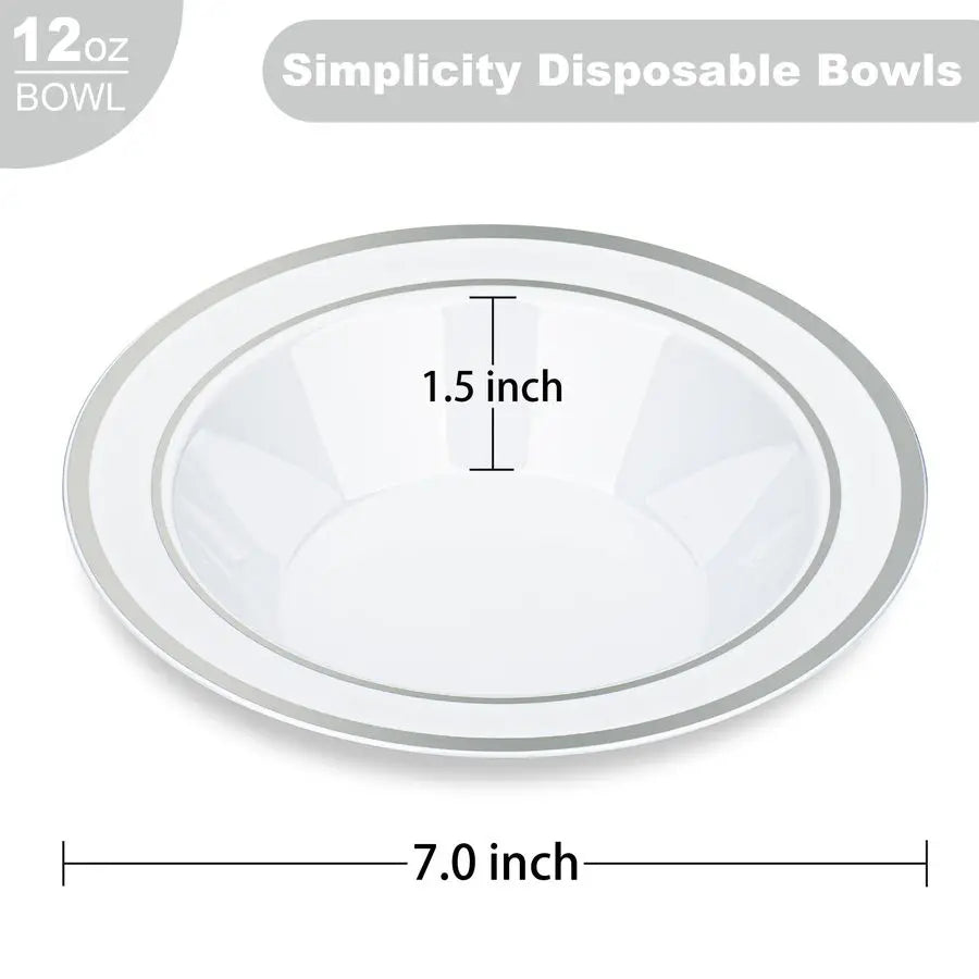 100 Pack 12 oz Plastic Disposable Soup Bowls, White Dessert Bowls with Silver Rim, Heavyduty Salad Bowl for Party, Wedding, Chri