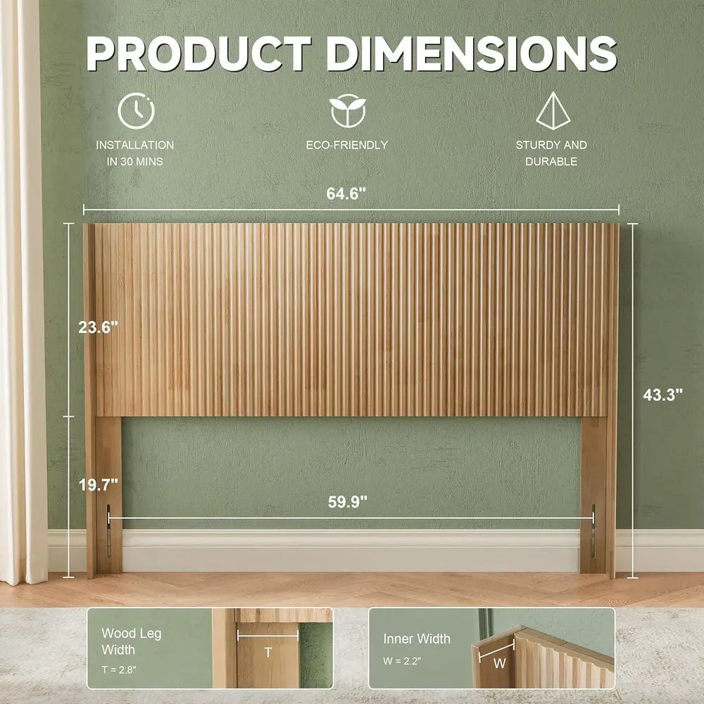 Modern Farmhouse Style Queen Headboard, 64.6 Wide, Wall-Mounted Fluted Panel, Natural Wood, Bohemian Wingback Design
