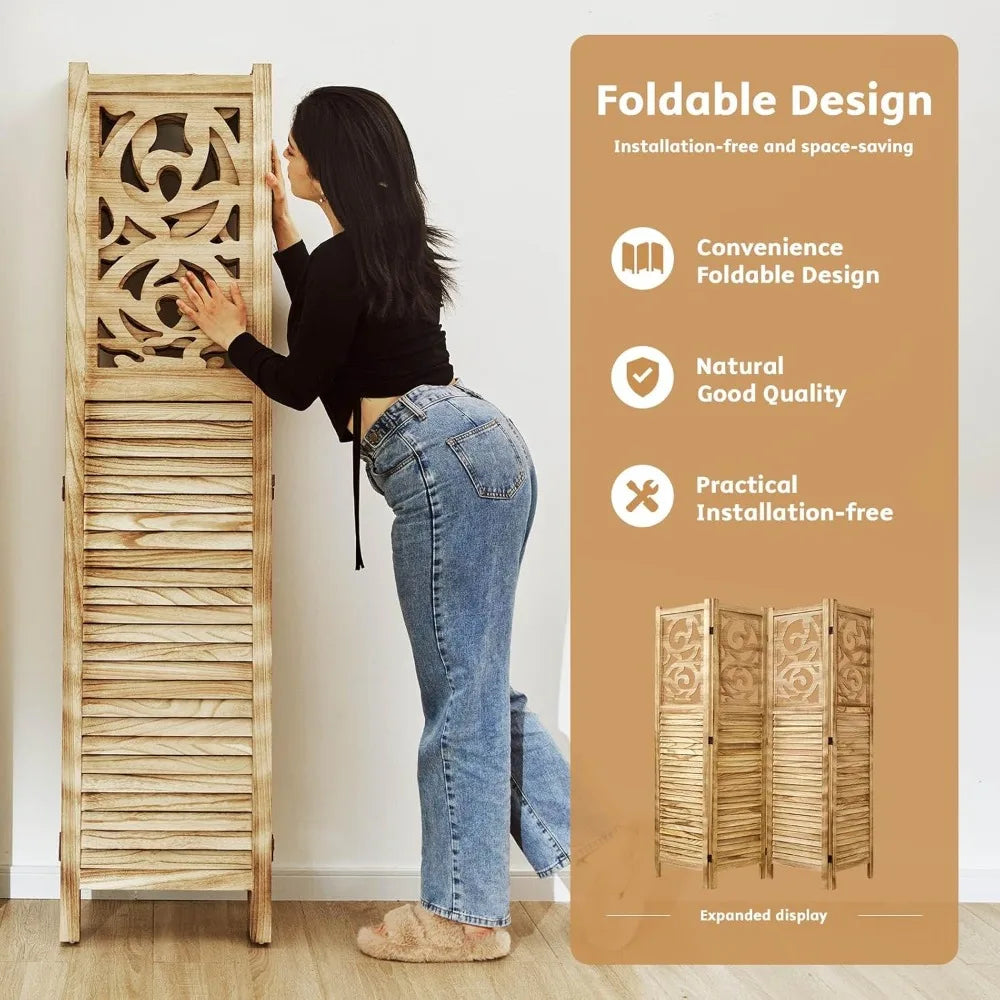 5.6Ft 4 Panels Wood Carved Privacy Screens, Free Assembled Freestanding Portable Reversible Functional Dec