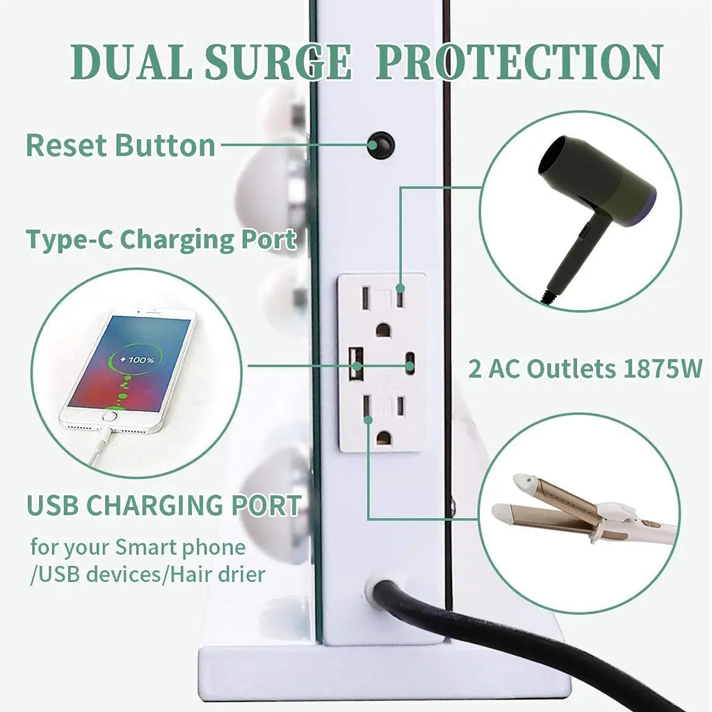 Large Hollywood Makeup Mirror 18 LED Bulbs Vanity Mirror with Protective Power Outlet USB Charging Port 3 Color Lighting Modes