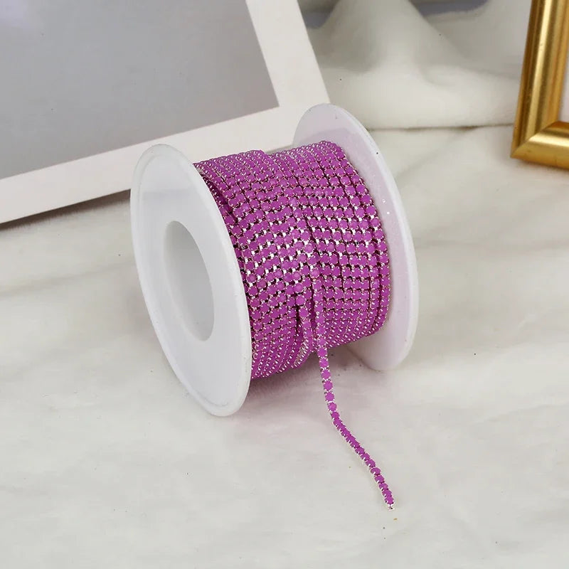 PEESOM NewSS6 2mm Sliver Bottom Rhinestone Cup Chain Sew On Colorful Acrylic Rhinestone Trim Chain Strass Banding for DIY Chain