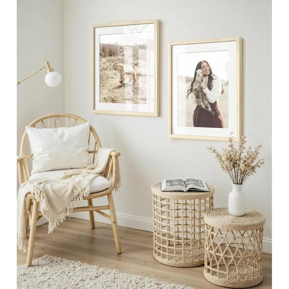Set of 3 Natural Wood 20x24 Picture Frames with 16x20 Mat for Wall Display