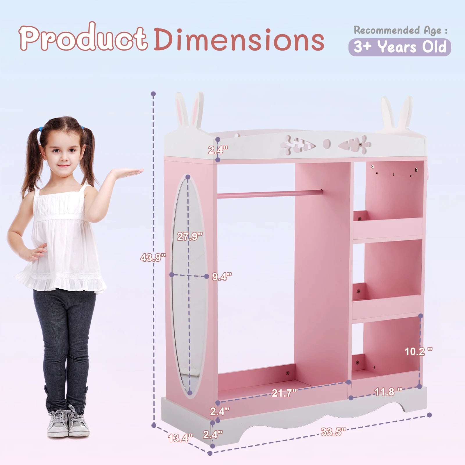 MDF Particle Board Painted Veneer Rabbit Ear Design 1 Mirror 3-Layer Shelf 1 Hanging Rod Wardrobe