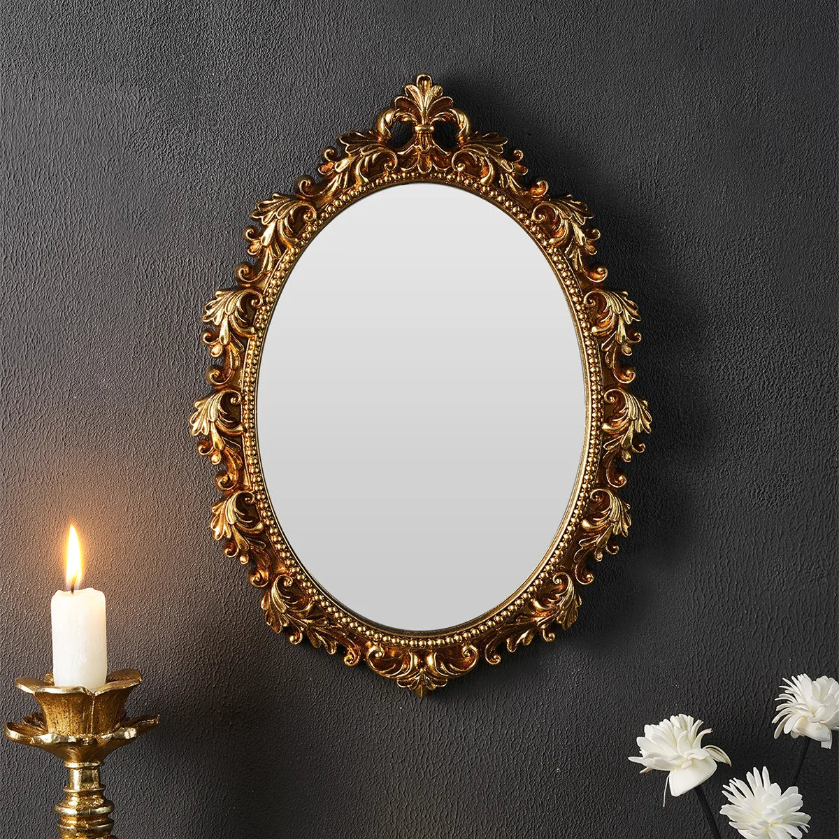 1PC, resin material, golden oval wall decoration, room decoration hanging mirror, suitable for bedroom decor wall decoration