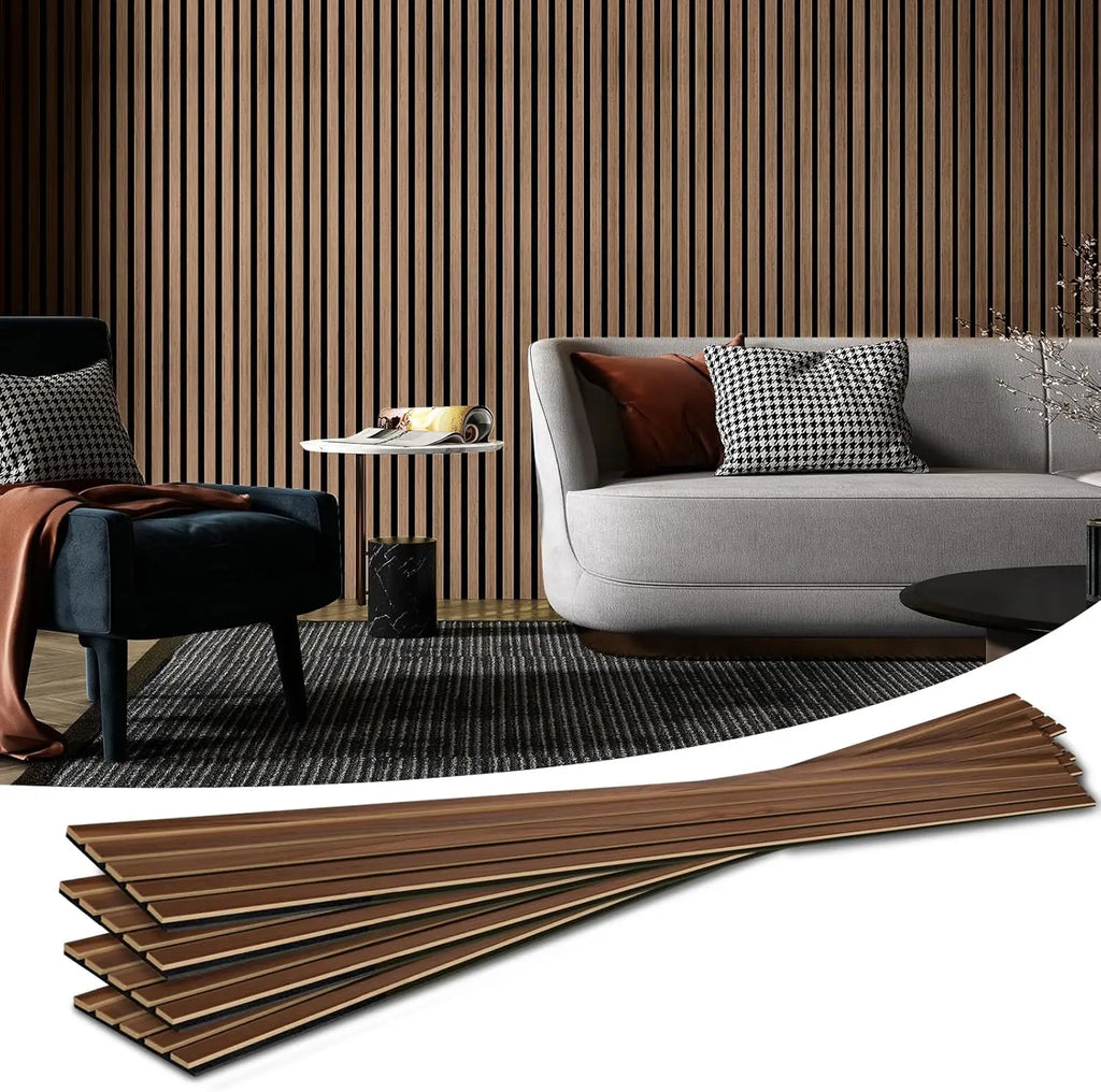 4-Piece Wood Slat Acoustic Panels for Noise Reduction, 3D Textured Wall and Ceiling Decor in Walnut Finish