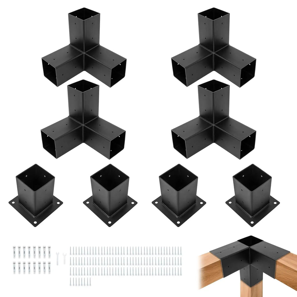 Pergola Brackets Kit (Actual 3.9''x3.9'') 4x4 Woodworks Pergola Kit with 3-Way Right Angle Corner Bracket and Base, Customized