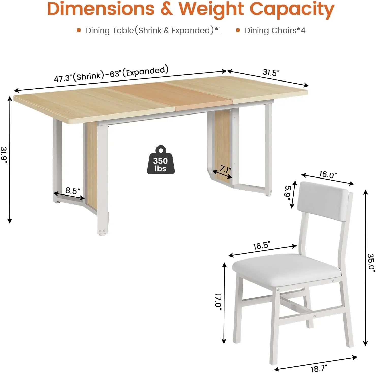 NEW 5-Piece Dining Table Set , 63" Extendable Kitchen Table , Dining Room Table with MDF Board & Metal Frame-Natural