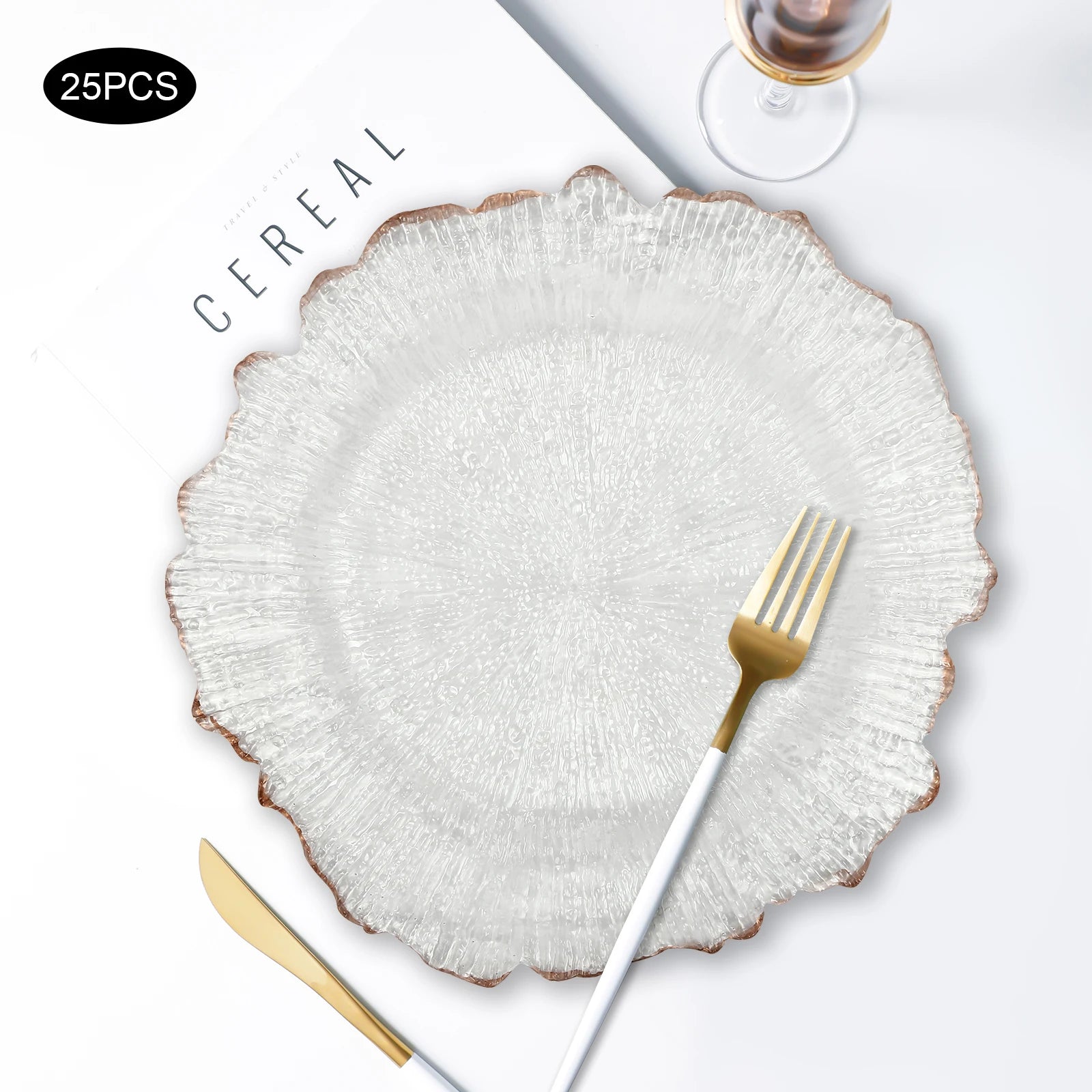 Clear Charger Plates 25 Pieces Rose Gold Flower Shape PS Hot Stamping Dinner Table Charger Plates