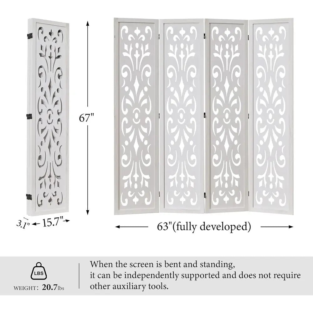 4-Panel White Classic Carved Wooden Room Divider for Home, Office, or Garden