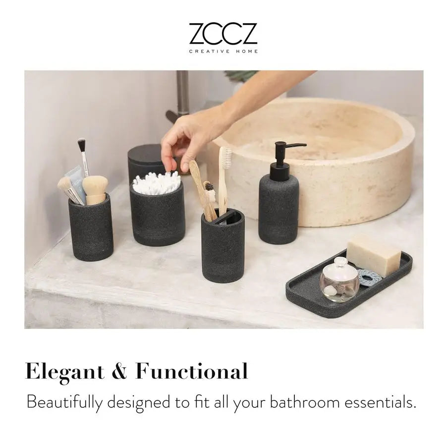 Black Stone Bathroom Accessories Set 6 Pieces Toothbrush Holder, Lotion Dispenser, Qtip Container, Vanity Tray, Tumbler Countert