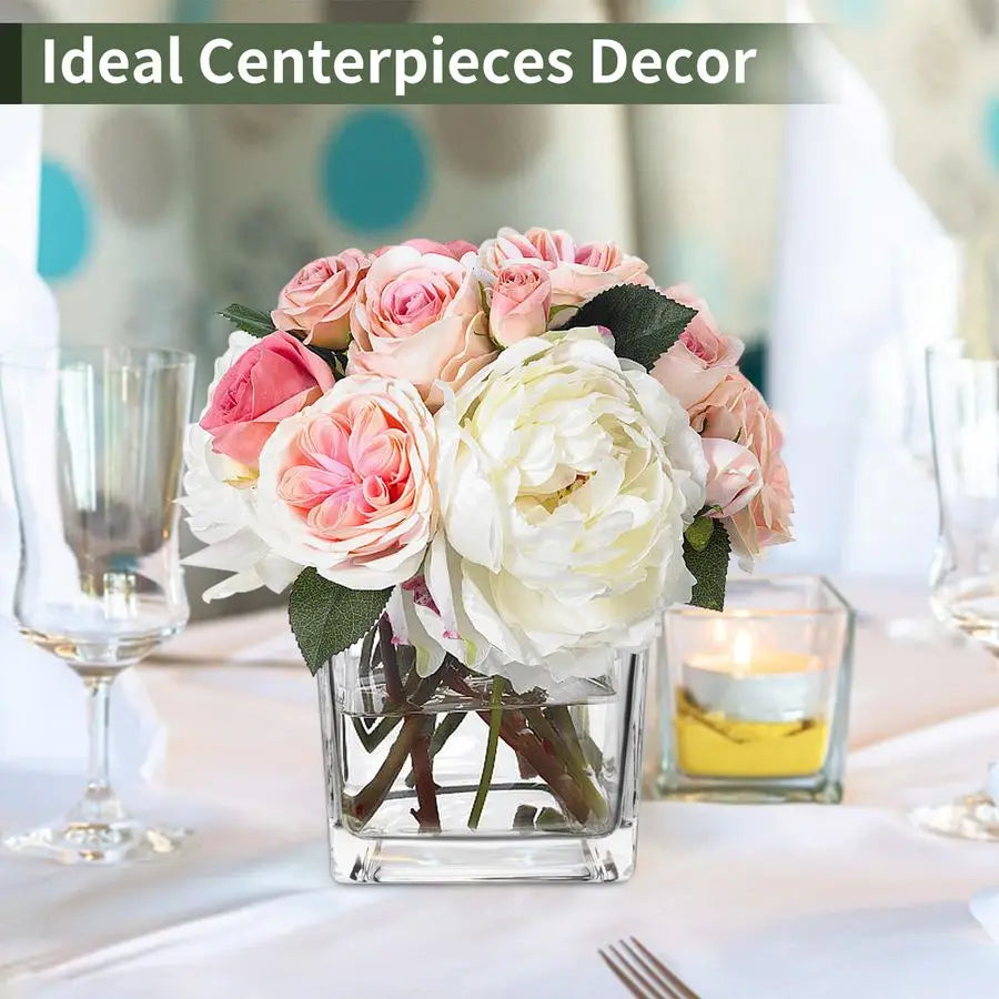 6 Pack Square Glass Vases 5 x 5 x 5 Inch, Clear Cube Flower Vases for Centerpieces, Candle Holders for Wedding Party Home Decor