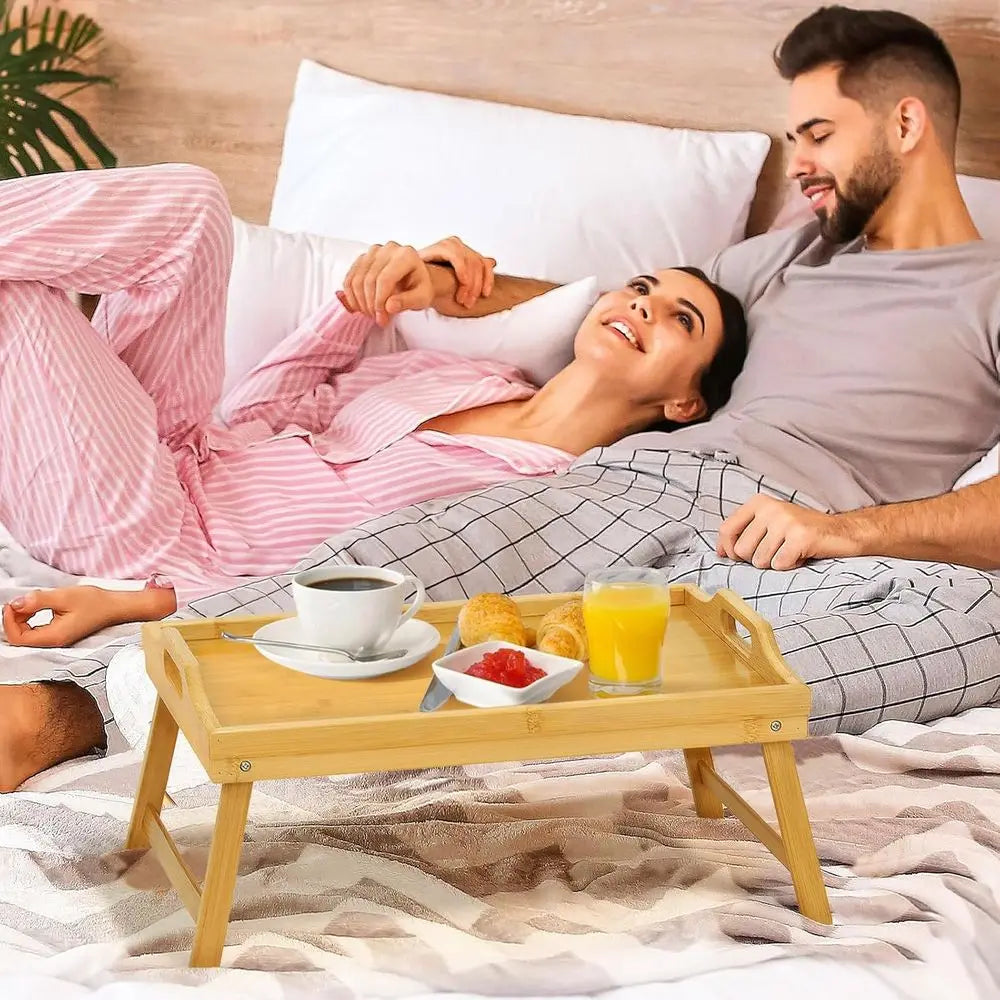 2 Pack Bamboo Bed Tray Table, Folding Legs and Handles, Breakfast Tray, Laptop Desk for Bed or Sofa, Serving Tray for Eating, Wo