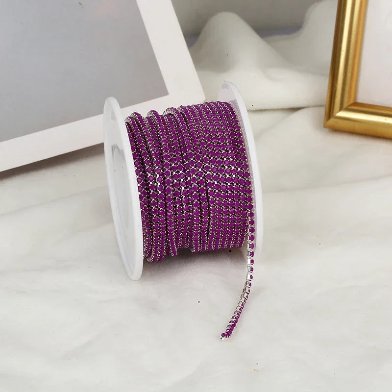 PEESOM NewSS6 2mm Sliver Bottom Rhinestone Cup Chain Sew On Colorful Acrylic Rhinestone Trim Chain Strass Banding for DIY Chain