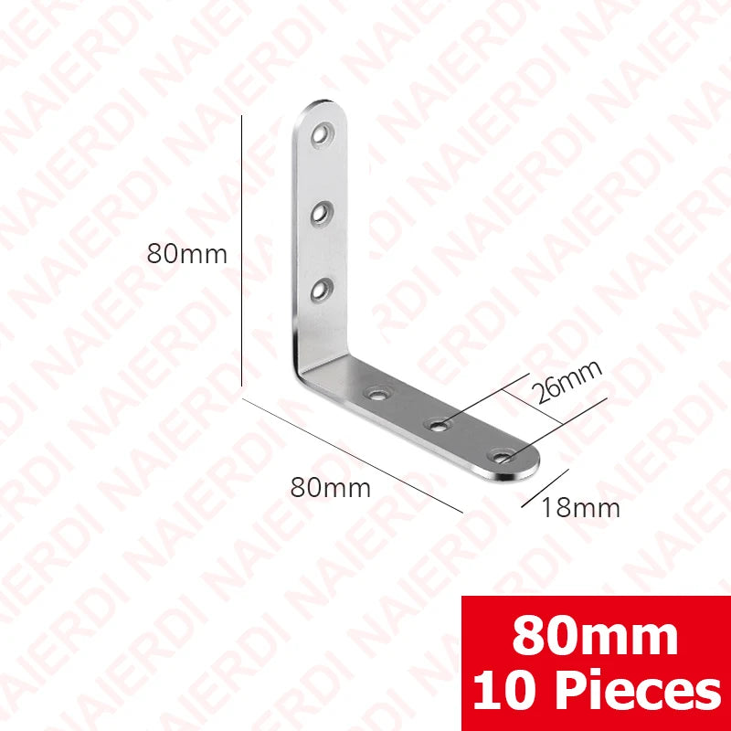NAIERDI 10 Pack Corner Brace Stainless Steel 90 Degree Angle Corner Brackets L Bracket Firmware for Wooden Shelves,Chairs,Tables
