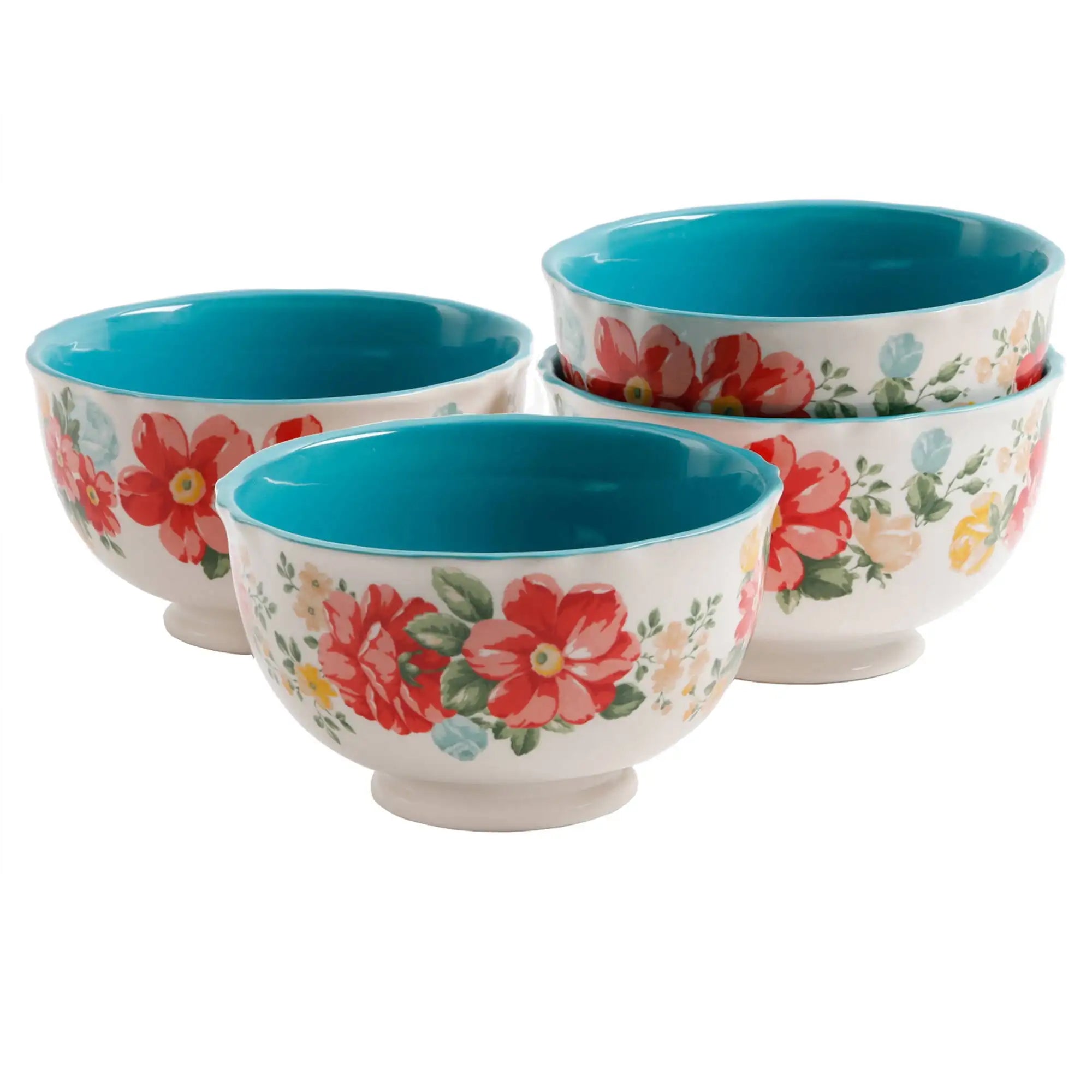 Vintage Floral Teal Footed Bowls, 4-Piece Stoneware Set | Microwave & Dishwasher Safe, Mix & Match Collection