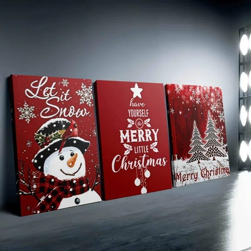 3-Piece Christmas Canvas Wall Art Set - Festive Snowman, Merry Christmas Quotes and Winter Scene Decorations, Unframed Paintings